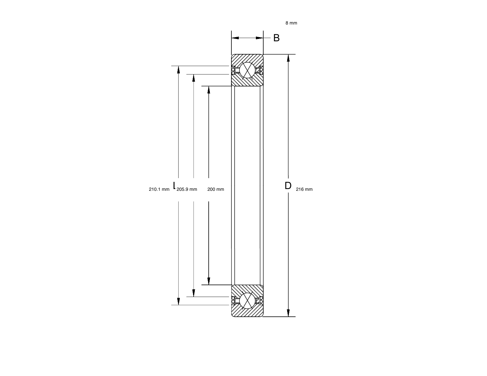 PRIUS BEARINGS K20008XP0 dimensioned mechanical drawing